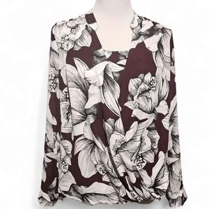 Floral Blouson Top Draped Faux Wrap Size 6 Long Sleeves Burgundy White Pullover
